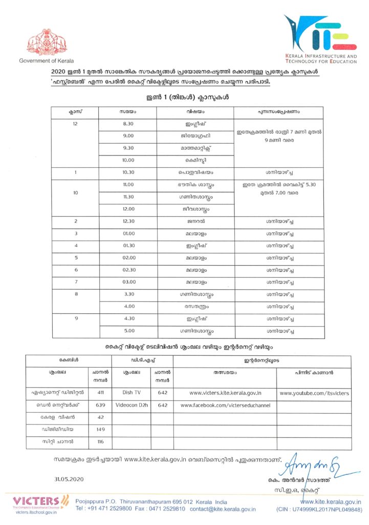 Kerala State School Online Class Schedule and Channel and Online Availability circular